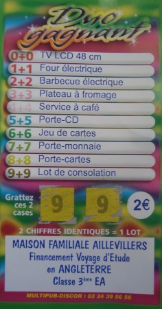 Ticket &agrave; gratter ''Duo Gagnant'' - Tombola pour Financer le Voyage d'&eacute;tude en Anglette des 3&egrave;me EA de la MFR d'Aillevillers